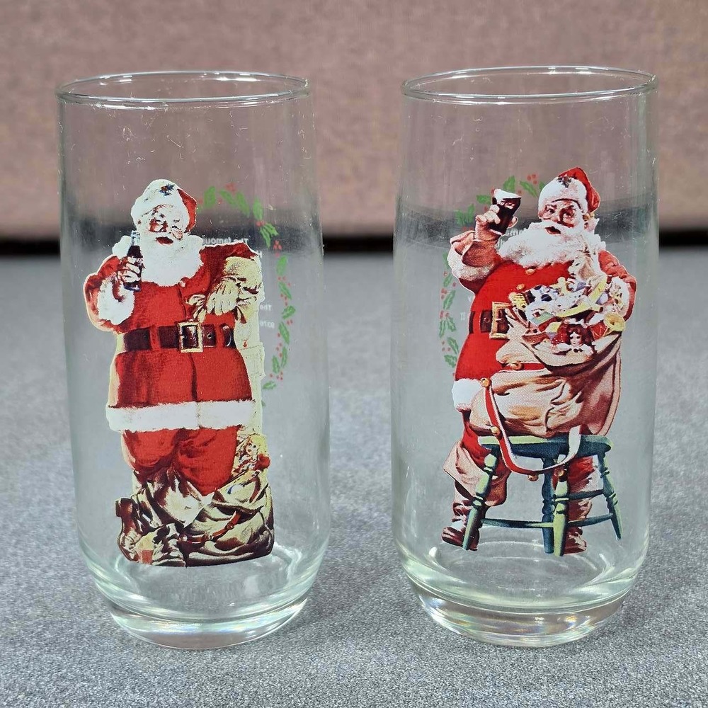 Coca-Cola Santa Claus Glasses Set of 2 Haddon Sundblom 1946 1948 Series II Clear